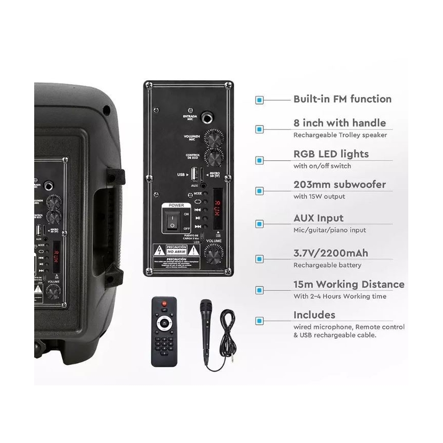 Bluetooth prenosný reproduktor s mikrofónom 15W/3,7V LED RGB + DO