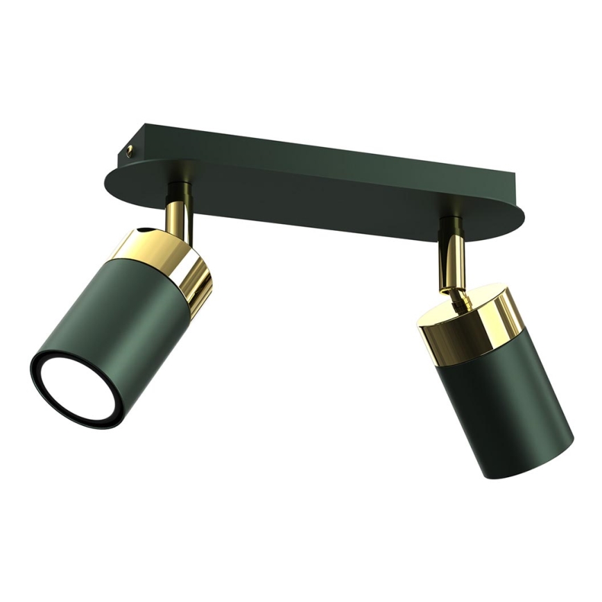 Dvojité svietidlo s tmavozelenými cylindrickými tienidlami a zlatými detailmi je pripevnené k obdĺžnikovej základni. Svietidlo je otočné. Biele svetlo vyžaruje z otvorov na tienidlách.