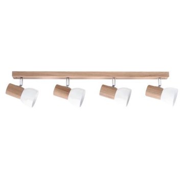 Drevená lišta s štyrmi otočnými bodovými svetlami s bielymi tienidlami. Svetlá sú pripevnené k lište. Na pozadí je jednofarebné pozadie.