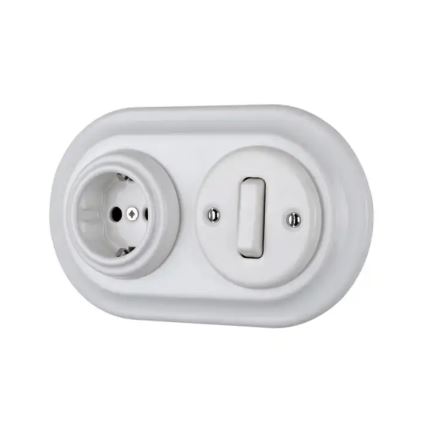 Bohemia-Design - Porcelánová retro domová zásuvka bez rámčeka SCHUKO 250 V/16 A biela