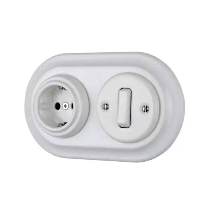 Bohemia-Design - Porcelánová retro domová zásuvka bez rámčeka SCHUKO 250 V/16 A biela