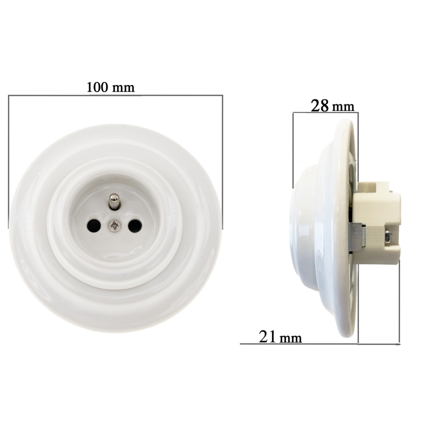Bohemia-Design - Porcelánová retro zásuvka do steny s rámikom SCHUKO 250V/16A biela