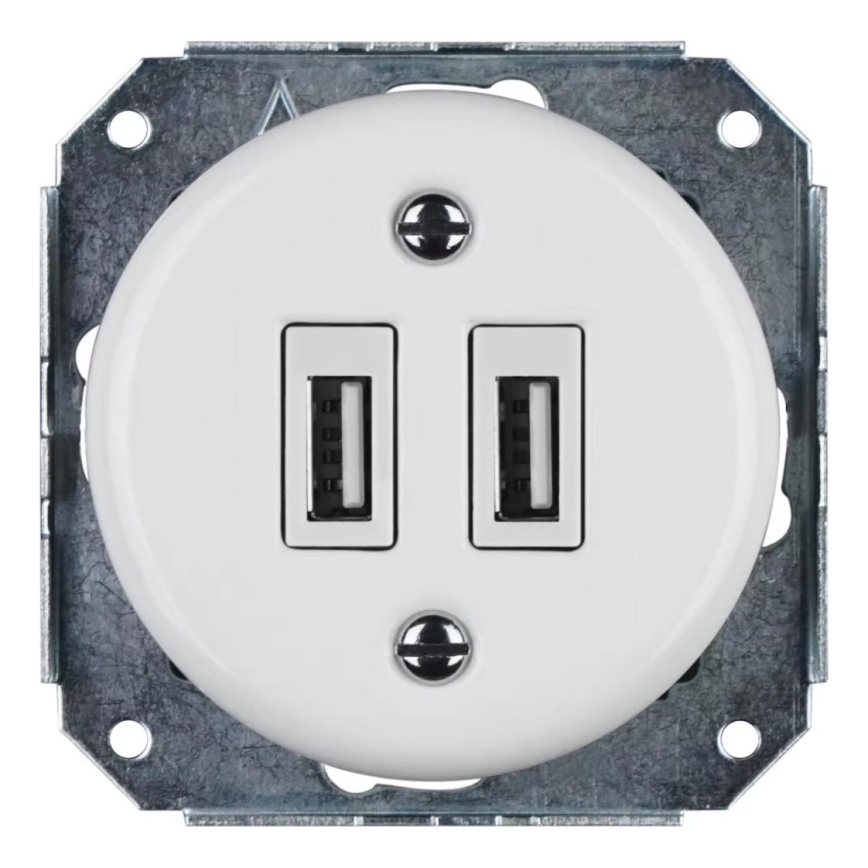 Bohemia-Design -Porcelánová retro USB napájacia zásuvka bez rámu 2x USB-A biela