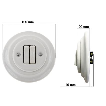 Bohemia-Design - Porcelánový retro dvojitý vypínač s rámčekom č. 5 biely