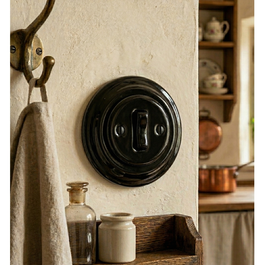 Bohemia-Design - Porcelánový retro jednoduchý zvonkový vypínač s rámčekom, čierny