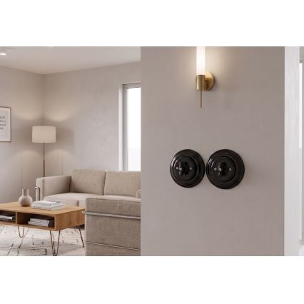 Bohemia-Design - Porcelánový retro otočný vypínač s rámikom č. 7, čierny