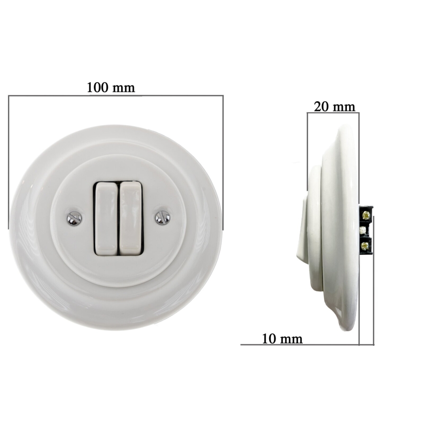 Bohemia-Design - Retro porcelánový dvojitý vypínač s rámikom č. 6+6 biela