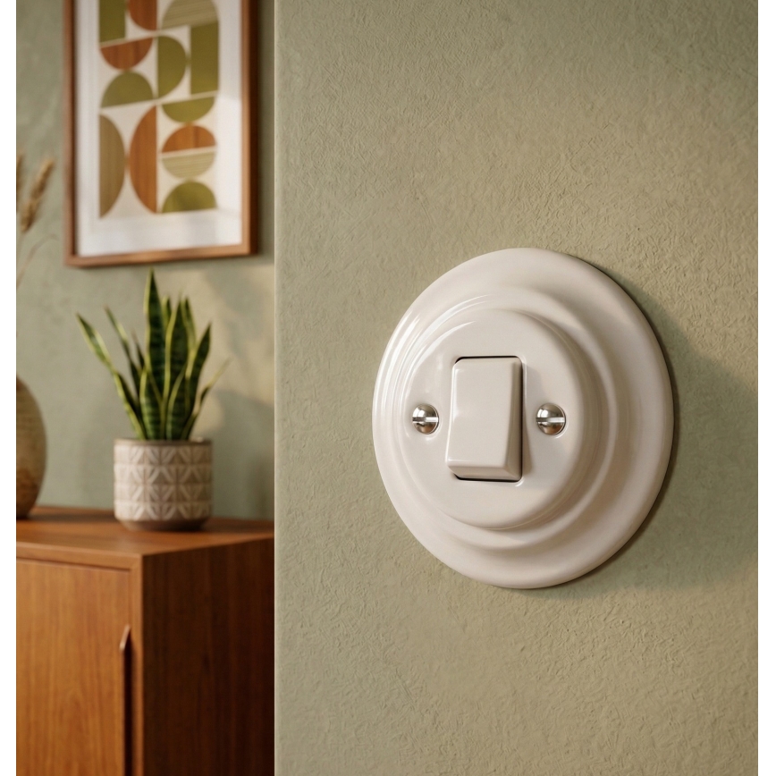 Bohemia-Design - Retro porcelánový jednoduchý vypínač s rámčekom č. 7 biela
