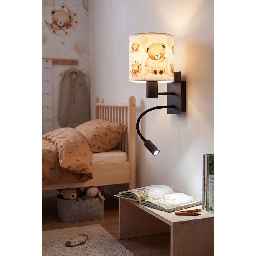 BRILAGI - LED detská flexibilná nástenná lampa BOBO 1xE27/25W/230V + LED/3W čierna/biela/s motívom medvedíkov
