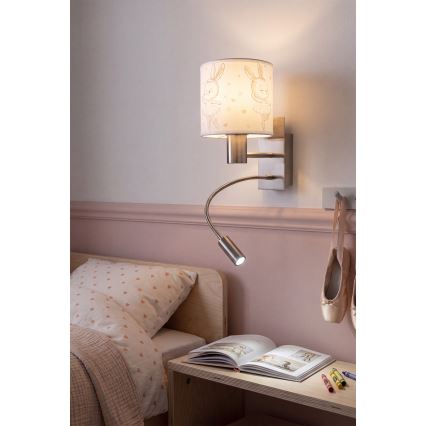 BRILAGI - LED Detská flexibilná nástenná lampa BOBO 1xE27/25W/230V + LED/3W matný chróm/biela/zajačiky