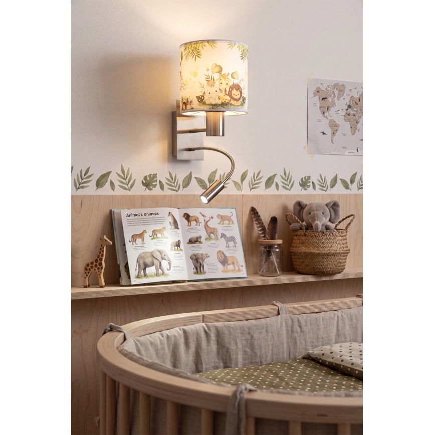 BRILAGI - LED detská flexibilná nástenná lampa BOBO 1xE27/25W/230V + LED/3W matný chróm/biela/zelená/džungľa