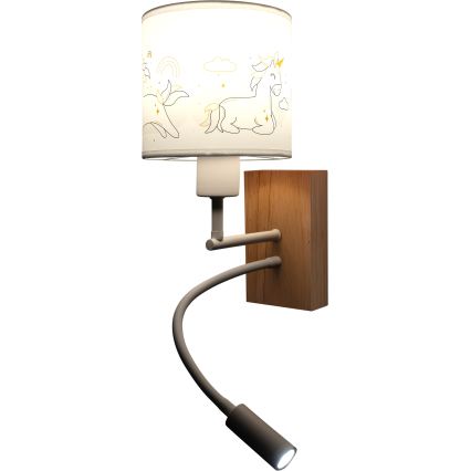 BRILAGI - LED Detská flexibilná nástenná lampa BOBO WOOD 1xE27/25W/230V + LED/3W dub/biela/jednorožce