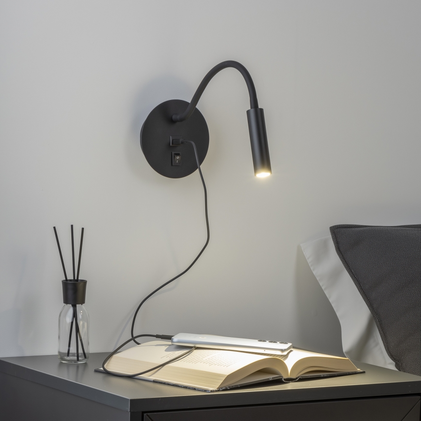 Brilagi - LED Flexibilná nástenná lampa s USB portom MAYA LED/3W/230V 4000K čierna