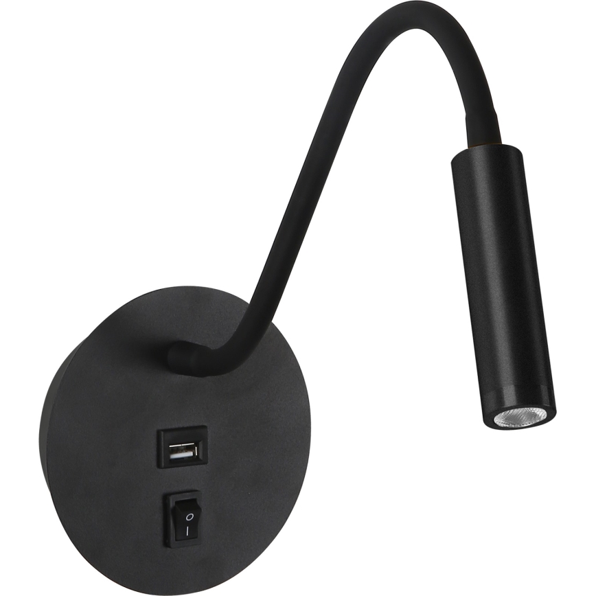 Brilagi - LED Flexibilná nástenná lampa s USB portom MAYA LED/3W/230V 4000K čierna