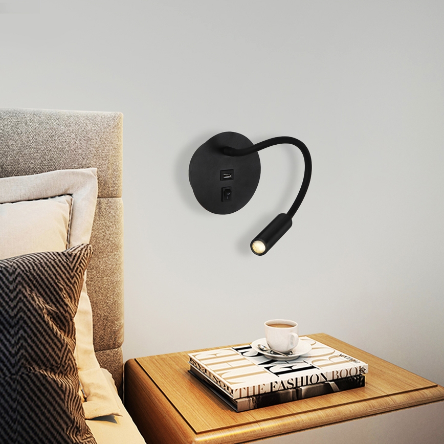 Brilagi - LED Flexibilná nástenná lampa s USB portom MAYA LED/3W/230V 4000K čierna