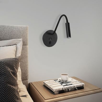 Brilagi - LED Flexibilná nástenná lampa s USB portom MAYA LED/3W/230V 4000K čierna