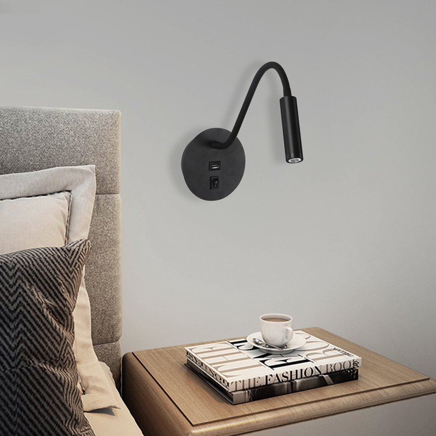 Brilagi - LED Flexibilná nástenná lampa s USB portom MAYA LED/3W/230V 4000K čierna