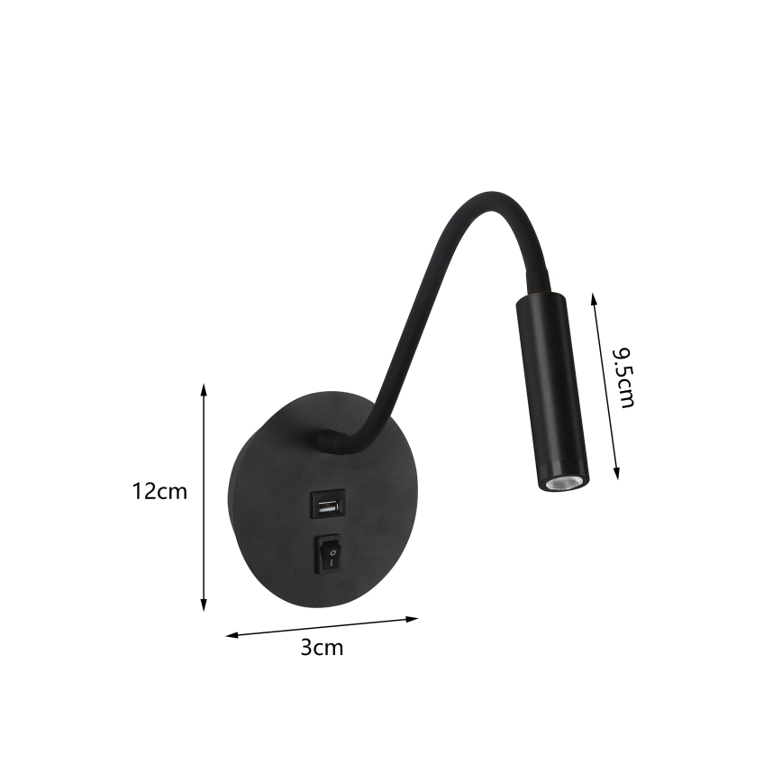Brilagi - LED Flexibilná nástenná lampa s USB portom MAYA LED/3W/230V 4000K čierna