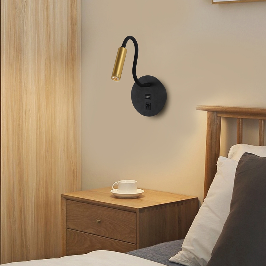 Brilagi - LED Flexibilná nástenná lampa s USB portom MAYA LED/3W/230V 4000K čierna/zlatá