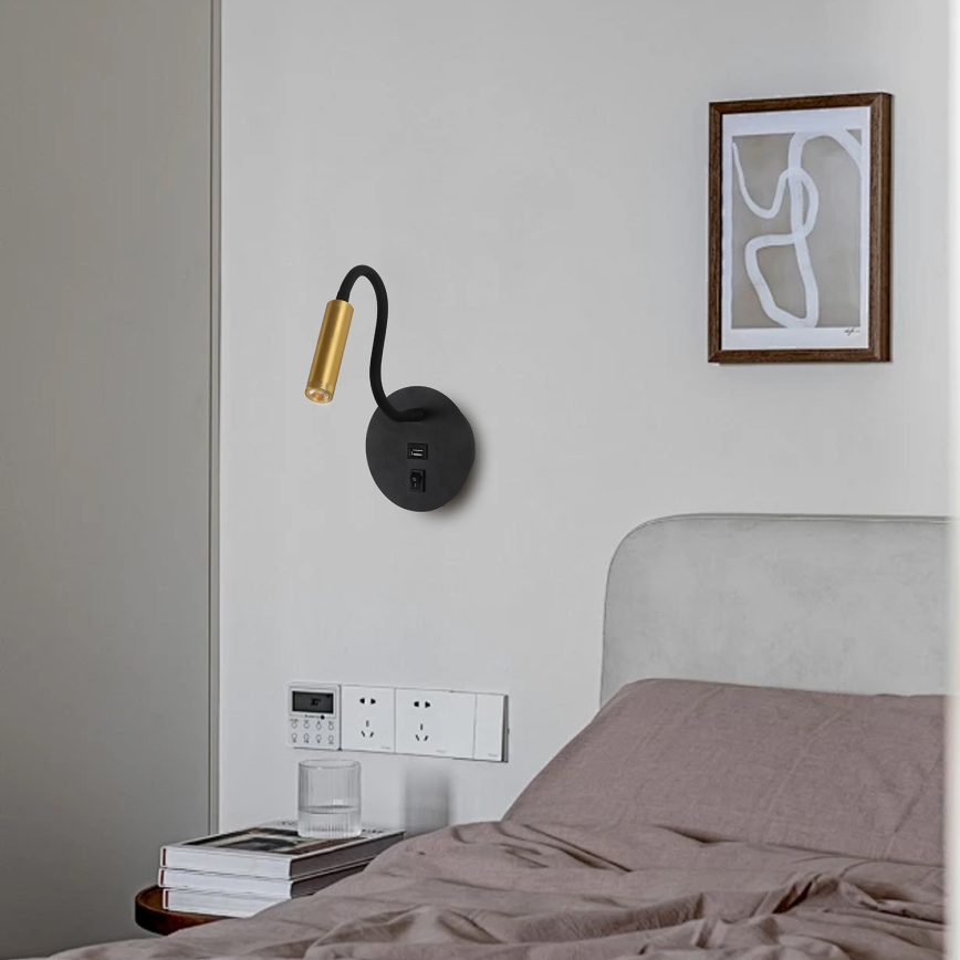 Brilagi - LED Flexibilná nástenná lampa s USB portom MAYA LED/3W/230V 4000K čierna/zlatá