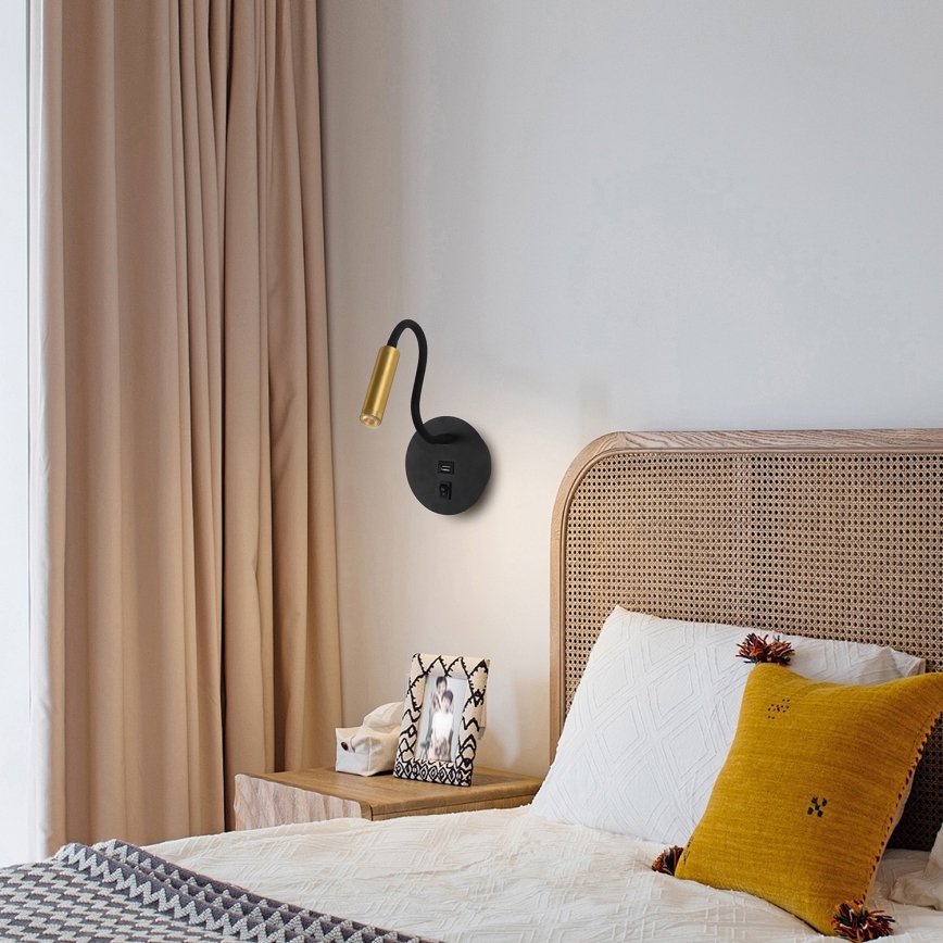 Brilagi - LED Flexibilná nástenná lampa s USB portom MAYA LED/3W/230V 4000K čierna/zlatá