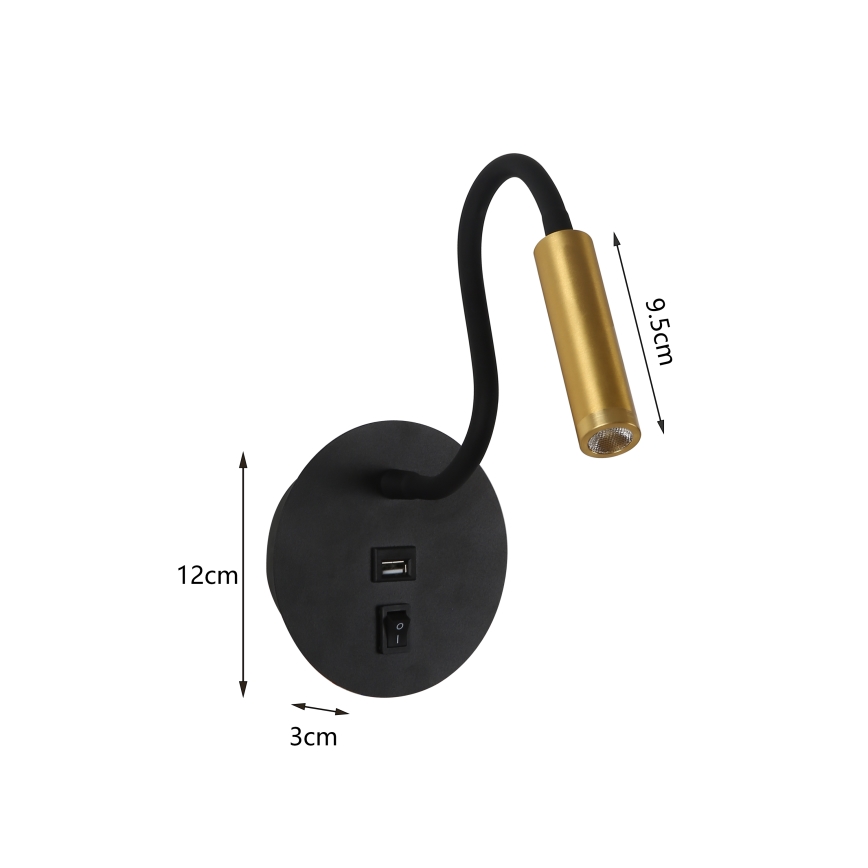 Brilagi - LED Flexibilná nástenná lampa s USB portom MAYA LED/3W/230V 4000K čierna/zlatá