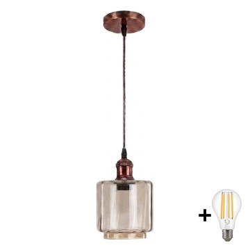 BRILAGI - LED luster na lankách RETRO GLASS 1xE27/60W/230V pr. 14 cm medená/dymovo-béžová