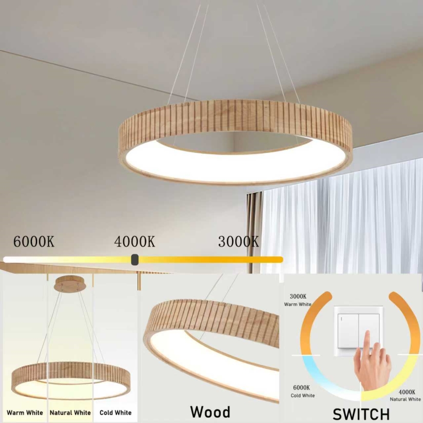 Brilagi - závesný LED luster na lanku FALCON WOOD MODERN, LED/40W/230V, 3000/4000/6000K (nastaviteľná teplota), priemer 60 cm, drevo