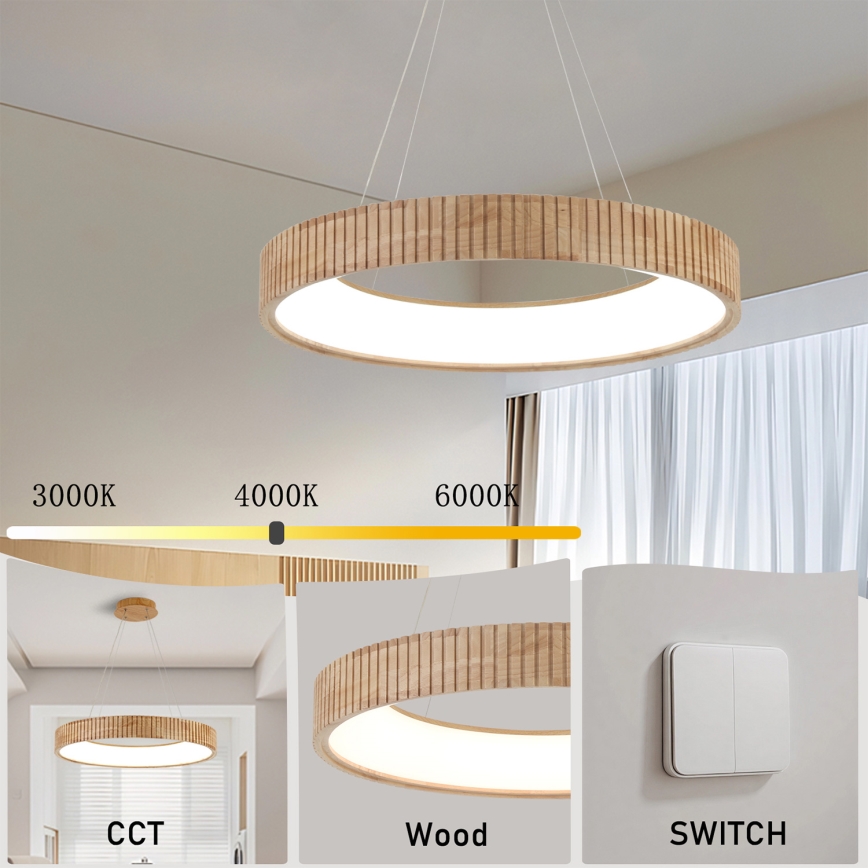 Brilagi - závesný LED luster na lanku FALCON WOOD MODERN, LED/40W/230V, 3000/4000/6000K (nastaviteľná teplota), priemer 60 cm, drevo