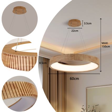 Brilagi - závesný LED luster na lanku FALCON WOOD MODERN, LED/40W/230V, 3000/4000/6000K (nastaviteľná teplota), priemer 60 cm, drevo