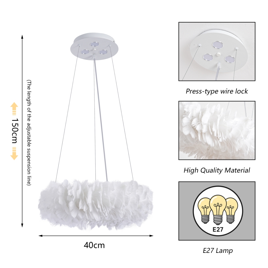 BRILAGI - LED luster na lanku FEATHER 3xE27/40W/230V + 3xLED/3W pr. 40 cm biela