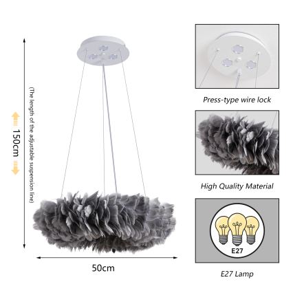 BRILAGI - LED luster na lanku FEATHER 3xE27/40W/230V + 3xLED/3W pr. 50 cm šedý