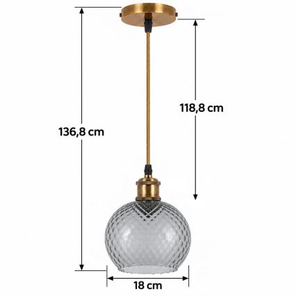 BRILAGI - LED luster na lanku RETRO GLASS 1xE27/60W/230V priemer 18 cm zlatá/dymovošedá