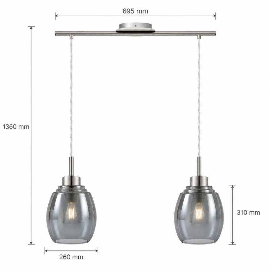 BRILAGI - LED luster na lanku RETRO GLASS 2xE27/60W/230V matný chróm/dymovo šedá