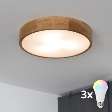 Brilagi - LED RGBW Stmievateľné stropné svietidlo CARVALHO 3xE27/15W/230V 2700-6500K Wi-Fi dub pr. 47,5 cm