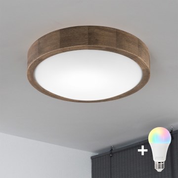 Brilagi - LED RGBW stmievateľné stropné svietidlo CARVALHO SLIM 1xE27/9W/230V 2700-6500K Wi-Fi dub pr. 27 cm