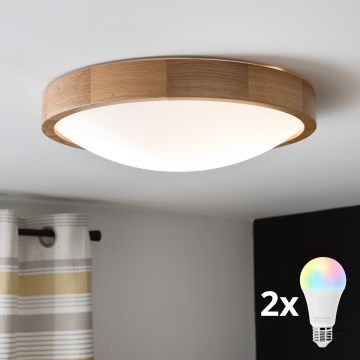 Brilagi - LED RGBW stmievateľné stropné svietidlo CARVALHO SLIM 2xE27/9W/230V 2700-6500K Wi-Fi dub priemer 37 cm