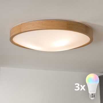 Brilagi - LED RGBW stmievateľné stropné svietidlo CARVALHO SLIM 3xE27/9W/230V 2700-6500K Wi-Fi dub priemer 47 cm