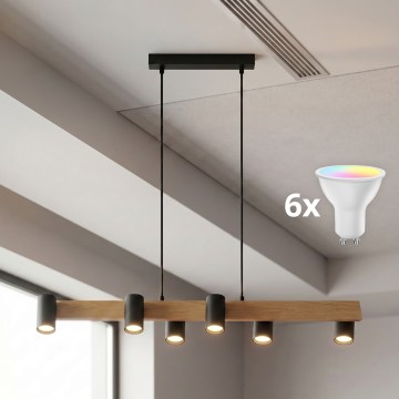BRILAGI - LED RGBW Stmievateľný luster na lanku SELE 6xGU10/6,5W/230V 2700-6500K čierna/dubový dekor + diaľkové ovládanie