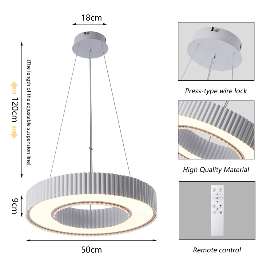 Brilagi - LED stmievateľný luster na lanku LUMIX LED/48W/230V 3000-6000K biela pr. 50 cm + diaľkové ovládanie