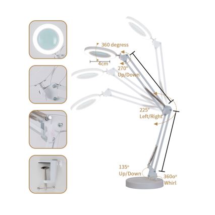 Brilagi - LED Stmievateľná stolná lampa s lupou LENS LED/12W/5V 3000/4200/6000K biela