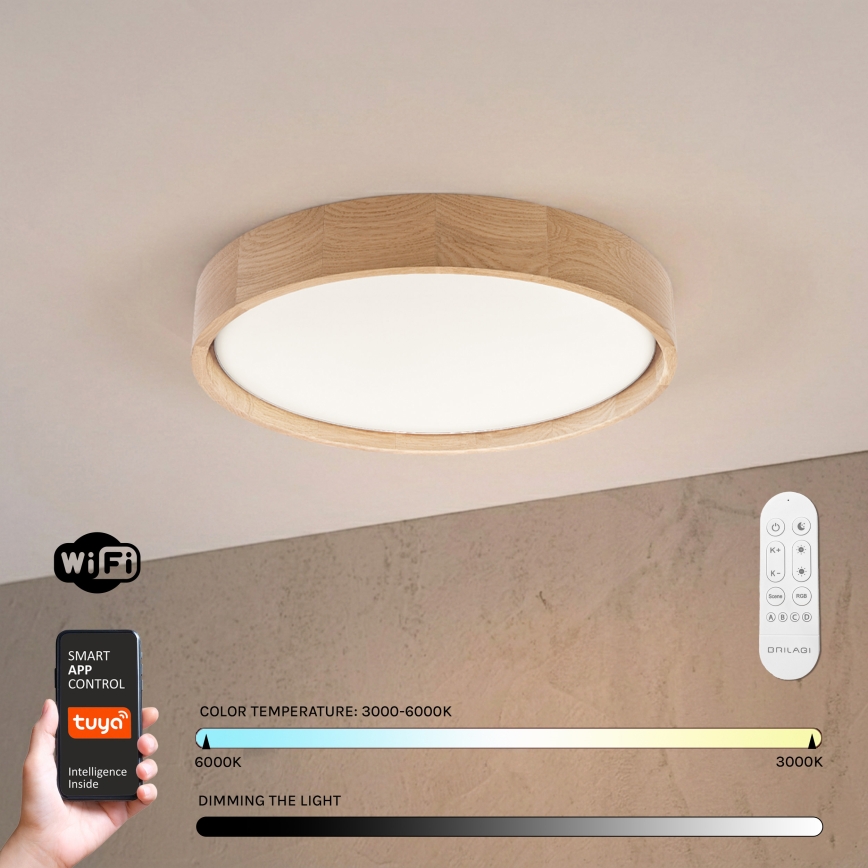 Brilagi - LED stmievateľné stropné svietidlo MANAROLA SMART, 24 W, 230 V, 3000–6000 K, Wi-Fi Tuya Beacon, priemer 41 cm, dub, s diaľkovým ovládaním
