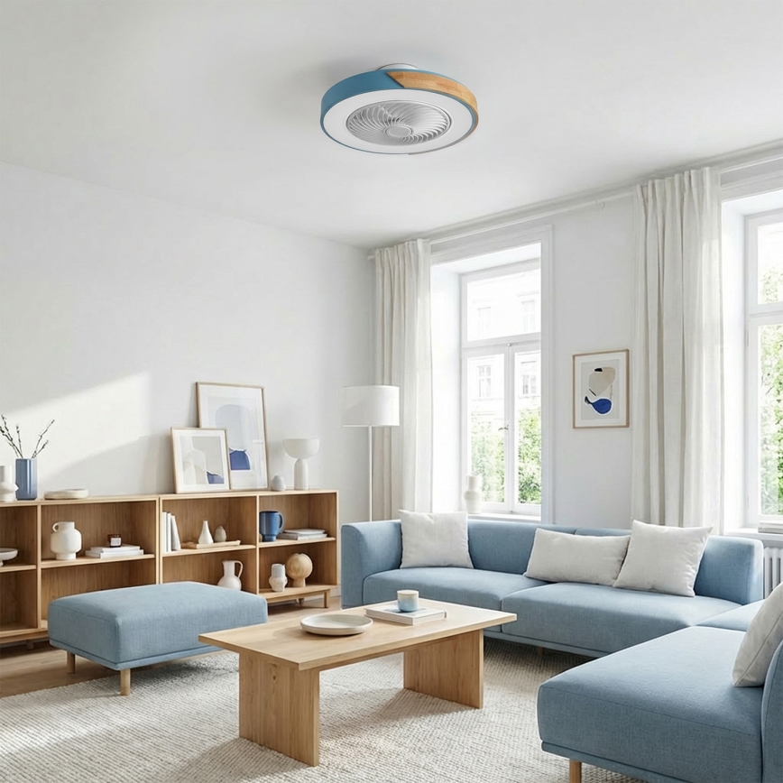 Brilagi - LED stmievateľné stropné svietidlo s ventilátorom LED/38W/230V 3000-6500K 3000-6500K priemer 50 cm modrá/dub + diaľkové ovládanie