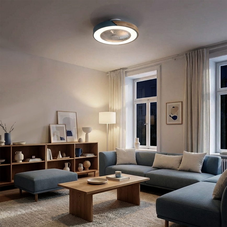 Brilagi - LED stmievateľné stropné svietidlo s ventilátorom LED/38W/230V 3000-6500K 3000-6500K priemer 50 cm modrá/dub + diaľkové ovládanie