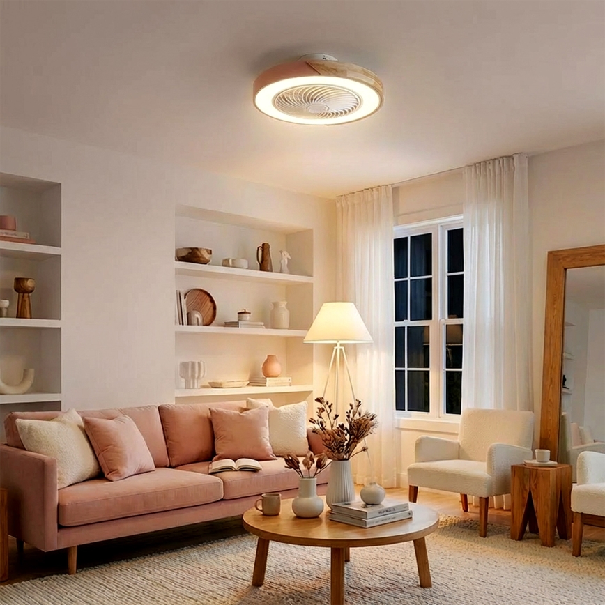 Brilagi - stmievateľné LED stropné svietidlo s ventilátorom LED/38W/230V 3000-6500K 3000-6500K pr. 50 cm ružová/dub + diaľkové ovládanie
