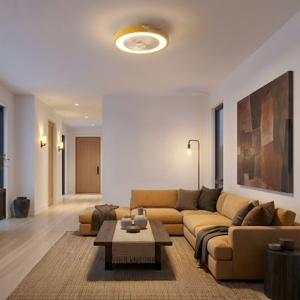 Brilagi - LED stmievateľné stropné svietidlo s ventilátorom LED/38W/230V 3000-6500K 3000-6500K pr. 50 cm zlatá/dub + diaľkové ovládanie