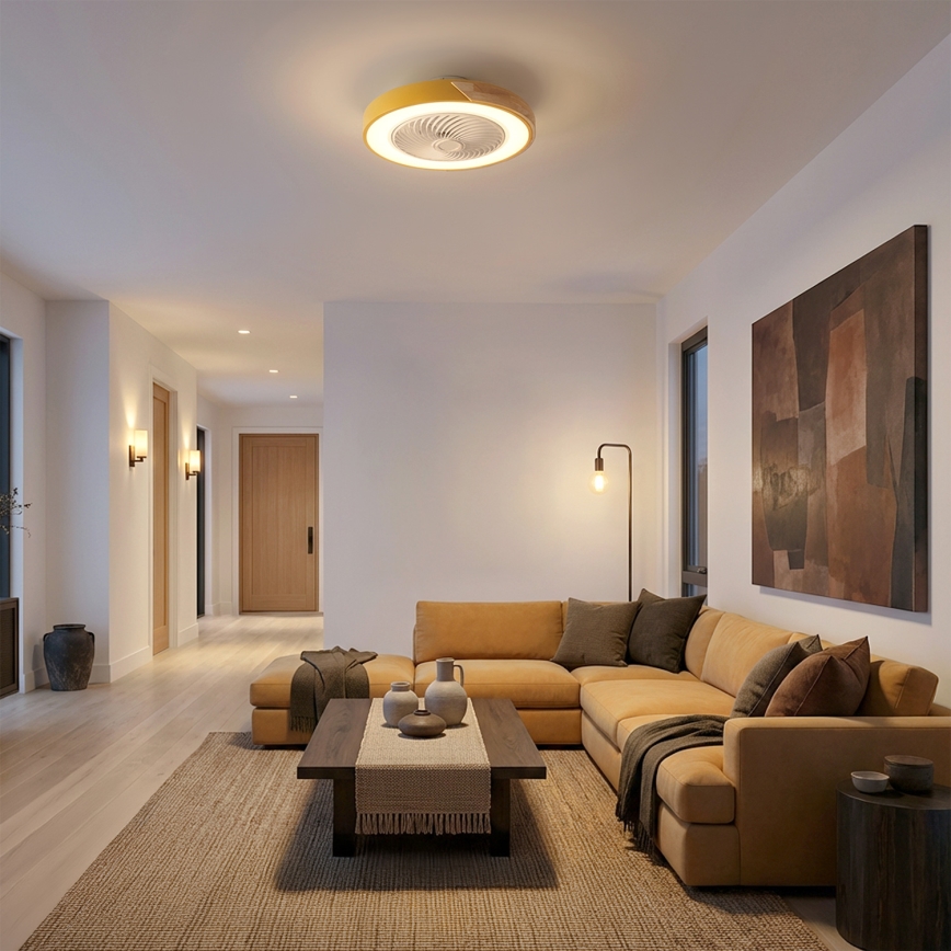 Brilagi - LED stmievateľné stropné svietidlo s ventilátorom LED/38W/230V 3000-6500K 3000-6500K pr. 50 cm zlatá/dub + diaľkové ovládanie