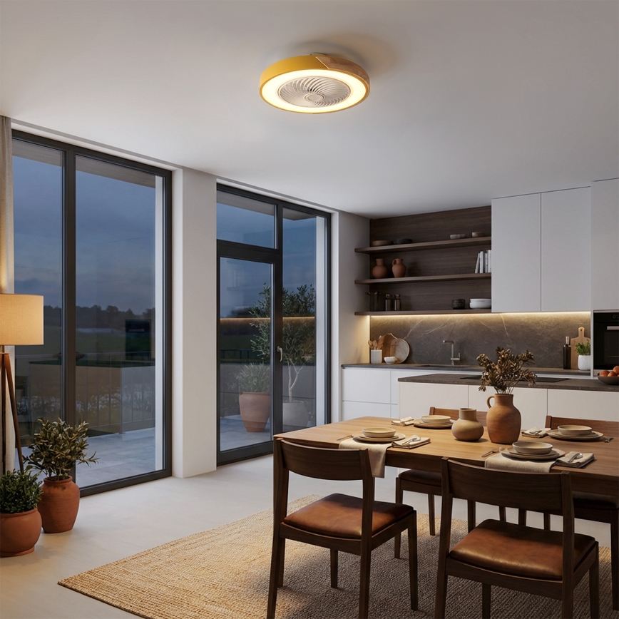 Brilagi - LED stmievateľné stropné svietidlo s ventilátorom LED/38W/230V 3000-6500K 3000-6500K pr. 50 cm zlatá/dub + diaľkové ovládanie