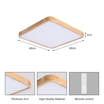 BRILAGI - LED stmievateľné stropné svietidlo WOODLINE SQUARE LED/80W/230V 3000-6000K dub 60x60 cm + diaľkové ovládanie