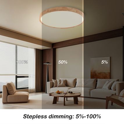 Brilagi - LED stmievateľné stropné svietidlo WOODROUND LED/40W/230V 3000-6000K, priemer 60 cm, drevo, CRI 90 + diaľkové ovládanie